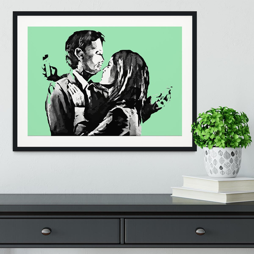 Banksy Mobile Lovers Green Framed Print