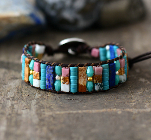 Boho Bracelet Natural Beads Single Leather Wrap