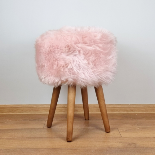 Light pink genuine sheepskin stool with oak legs