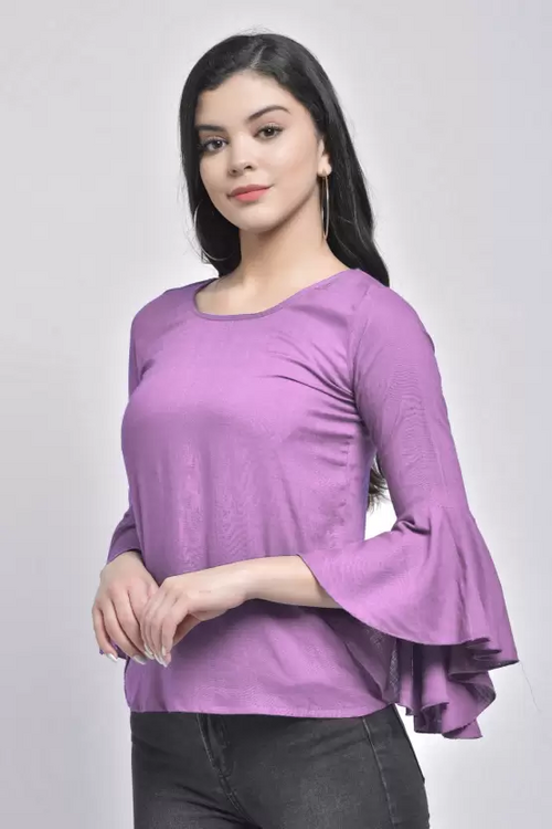 Casual Bell Sleeves Solid Women TOP (Size-M) PURPLE)