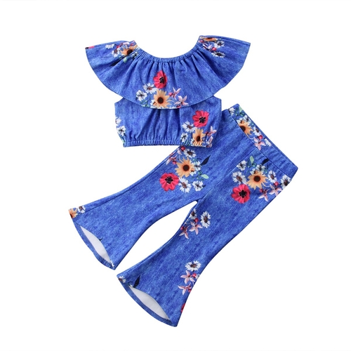 Lotus Collar Top Flare Pants 2Pcs Blue Floral
