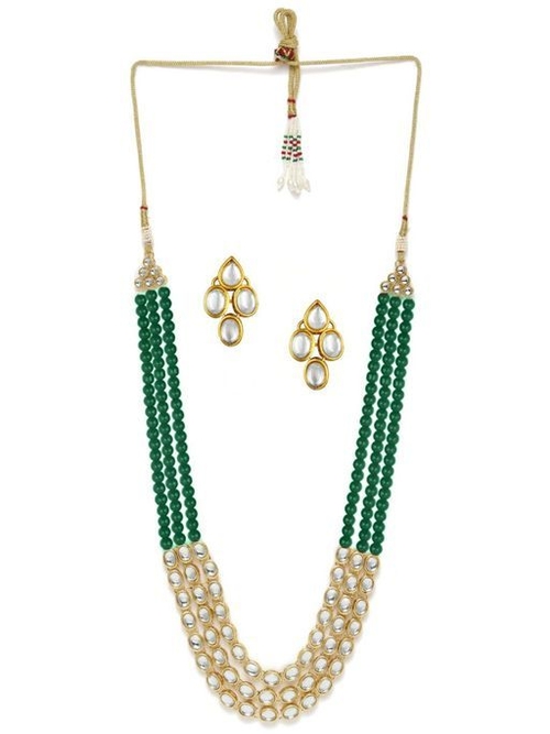 Green Pearls & Kundan Ethnic Mala Long Necklace Set with Drop Earrings