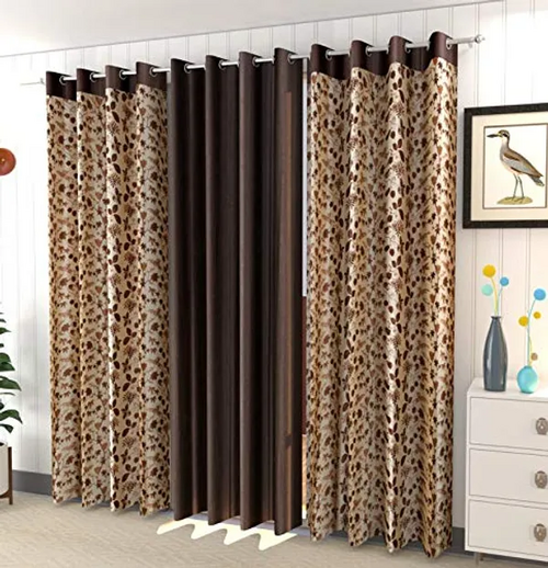 Brown and Cream 3-Piece Polyester Blend Grommet Long Door Curtains Set