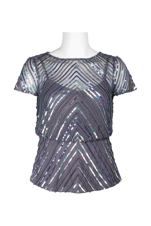 Adrianna Papell Boat Neck Short Sleeve Blouson Illusion Zipper Back