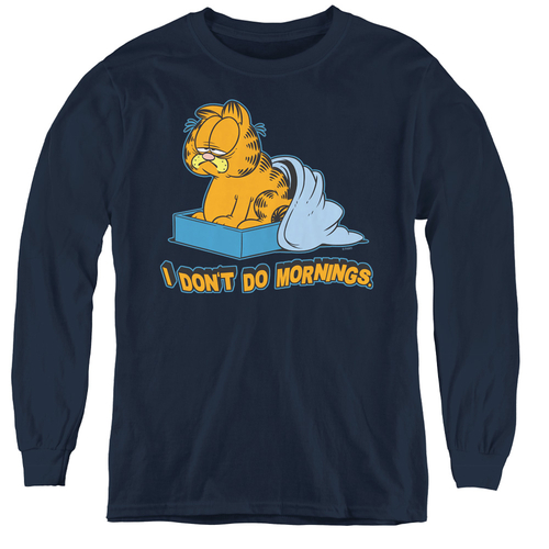 Garfield & I Dont Do Mornings Youth Long Sleeve T-Shirt, Navy - La