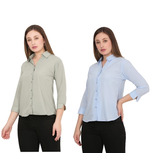 Womens Solid Formal Shirt PACK OF 2 GREEN AND LIGHT BLUE  S