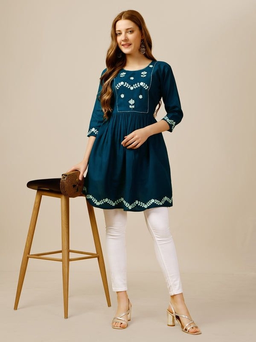 Women Embroidered Rayon Top (Size-40) (Color-BLUE)