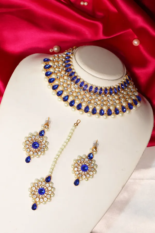 Blue Premium Stylish Gold Plated Jewellery Set With Earring