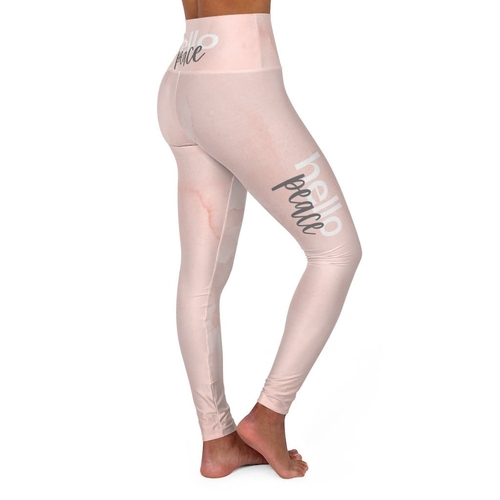 High Waisted Yoga Leggings - Peach Marble Hello Peace Graphic Style