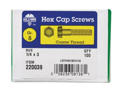 Hillman 220039 0.25 x 3 in. Grade 8 Hex Cap Screw - Zinc Dichromate