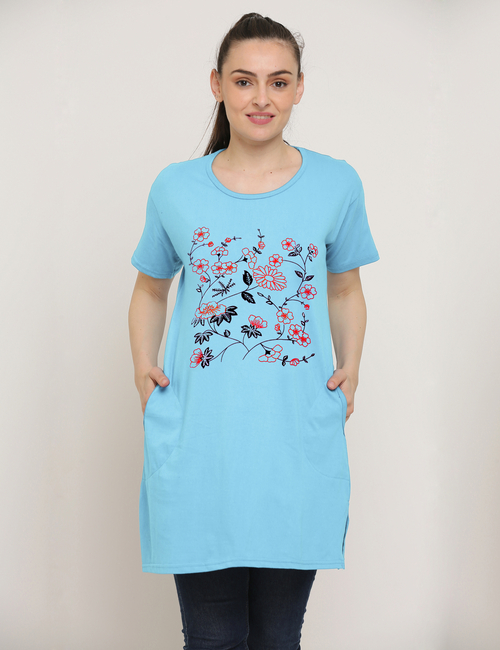 Women'S Round Neck Cotton Printed Long Tshirt (Size-L)