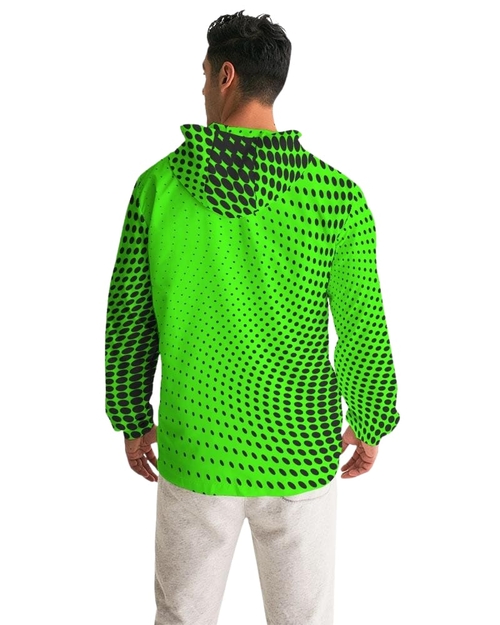 Mens Hooded Windbreaker - Neon Green Polka Dot Water Resistant Jacket 