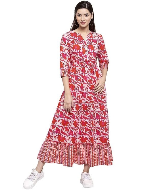 cotton abstract print three tiered A-line Kurta (Size-M) (COLOR-RED)