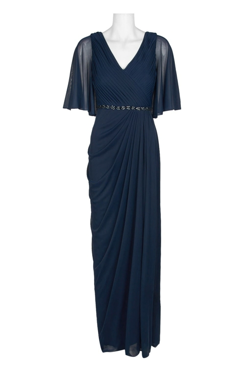 Adrianna Papell V-Neck Ruched Shortsleeve Embellished Waist Draped