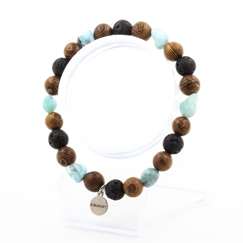 Larimar from the Dominican Republic + Lava + wood 8 mm beads Bracelet.