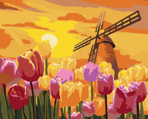 Paint by Numbers - BEAUTIFUL TULIPS WITH A WINDMILL
