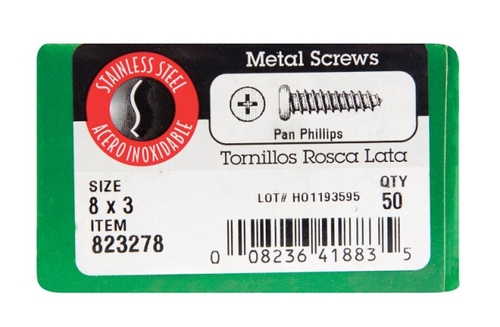 Hillman 823278 8 x 3 in. Pan Head Sheet Metal Screws  Stainless Steel 