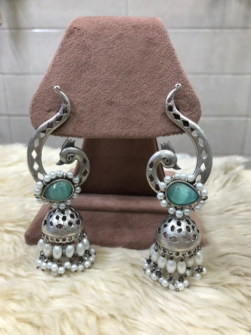 Peacock silver Blue oxidised earrings for women