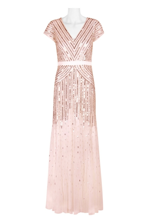 Adrianna Papell V-Neck Short Sleeve Banded Waist Zipper Back Sequined