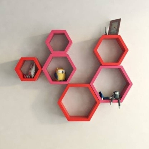 DECORASIA Hexagon Shape Wooden Wall Shelf (Number of Shelves - 6)
