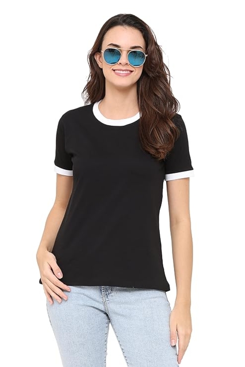 Women Cotton Printed T-Shirt Black Round