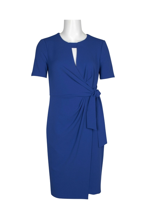 London Times Crew Neck Short Sleeve Keyhole Front Gathered Tie Side