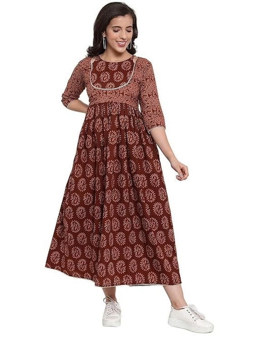 Cotton Paisley Flared Print A-Line Dress (Size-S) (COLOR-BROWN)