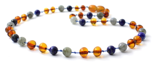 Baltic Amber, Lapis Lazuli and Labradorite Beaded Necklace