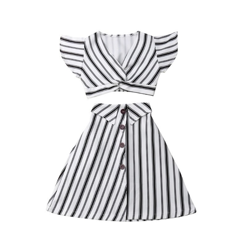 2PCS Kids Baby Girls Striped Fly Sleeve V neck