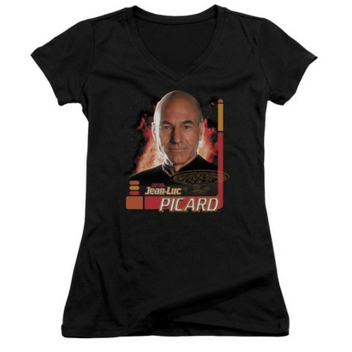 Trevco Star Trek-Captain Picard - Junior V-Neck Tee - Black, Mediu