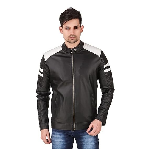 Black and White Design Faux leather Jacket For Man (Size-L)