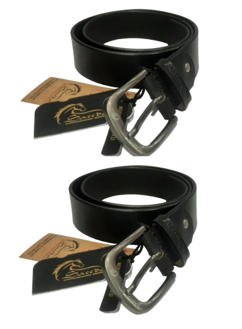 Men Black Genuine Leather Belt PACK OF 2 (Size-32) (Color-BLACK)