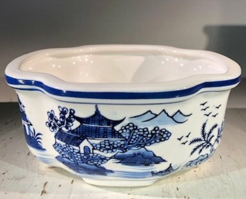 Blue on White Porcelain Bonsai Pot - Rectangle 8.5" x 6.5" x 4"