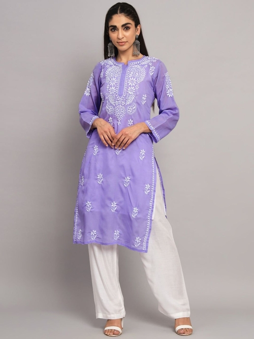 Hand Embroidered Chikankari Cotton Straight Kurta (Size-S)