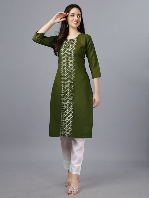 Women Embroidered Cotton Blend Formal Straight Kurti (Size-40)