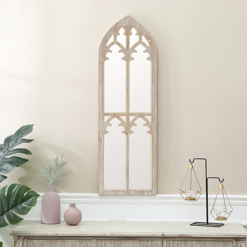 LuxenHome Weathered White Wood Cathedral Framed Wall Mirror