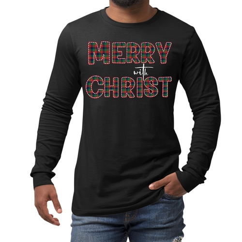 Mens Long Sleeve Graphic T-shirt - Merry with Christ - Red and Green