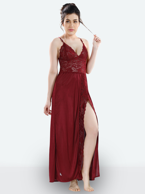 Romaisa Women's Satin Solid Maroon Maxi Length Nightgown