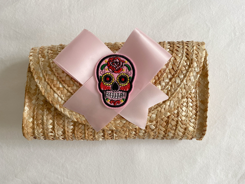 Rattan Straw Clutch with Pink Satin Bow & Sugar Skull