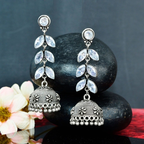 Kundan German Silver Pearl Drop Boho Jhumki Earrings For Women & Girls