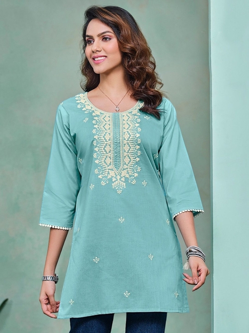 Women Cotton Neck Embroidery Tunics (Color Sky Blue) (Size M)