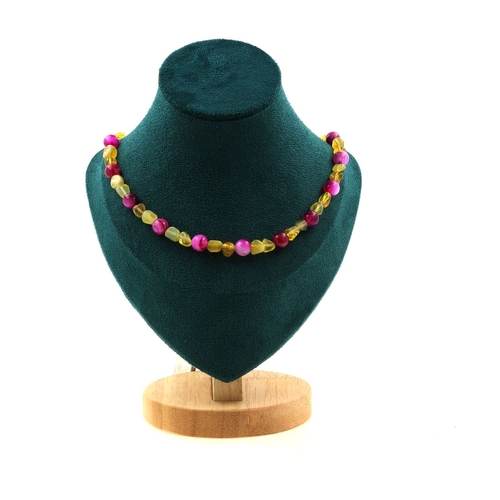 Yellow Opal + Fuchsia Cracked Agate 8 mm beads necklace.