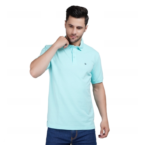 Men Solid Polo Neck Cotton Sea Blue T-Shirt (Size XL)