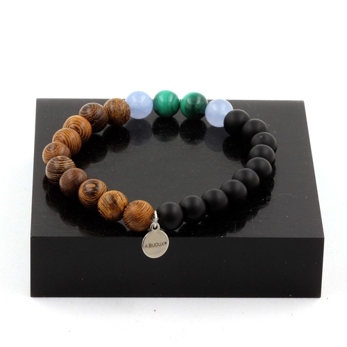 Malachite + Aquamarine + Matte Black Onyx + Wood Bracelet 8 mm Beads.