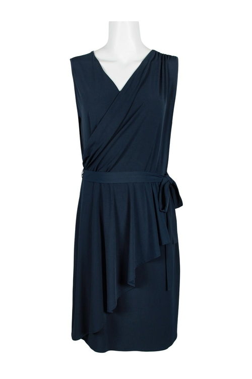 London Times V-Neck Sleeveless Ruched Tie Side Solid Dress