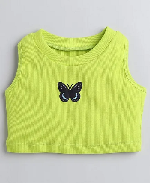 Sleeveless Butterfly Printed Ribbed Crop Top - Green