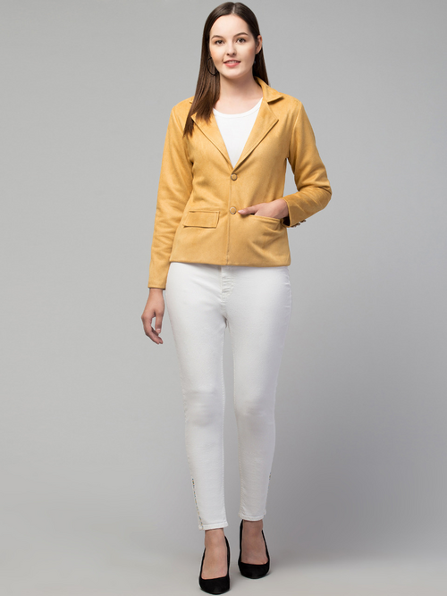 Women Classic Essential Linen Lapel Suede Jacket (Color Mustard) (Size