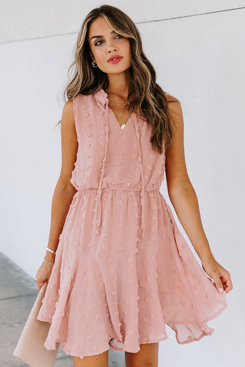 Pink Split Neck Pom Pom Textured Flowy Mini Dress