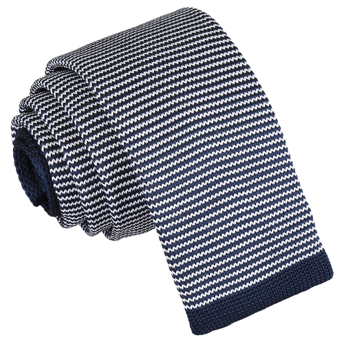 Pin Stripe Knitted Skinny Tie - White & Navy