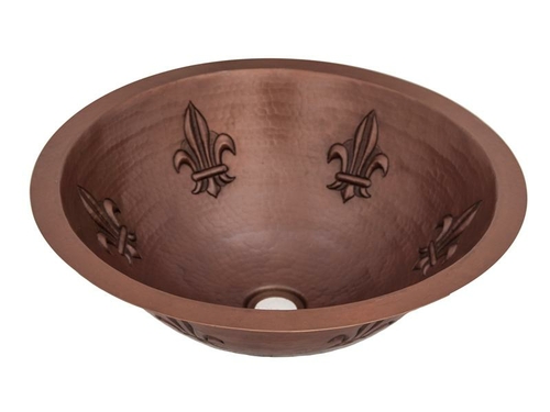 COPPER ROUND BATH SINK FLEUR DA LIS DESIGN FLAT LIP 15X15X5 G18 MATTE